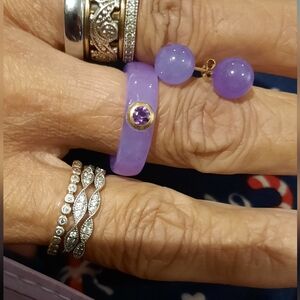 Genuine Solid 14K Yellow Gold Authentic Lavender Jade Amethyst Ring Set Size 8